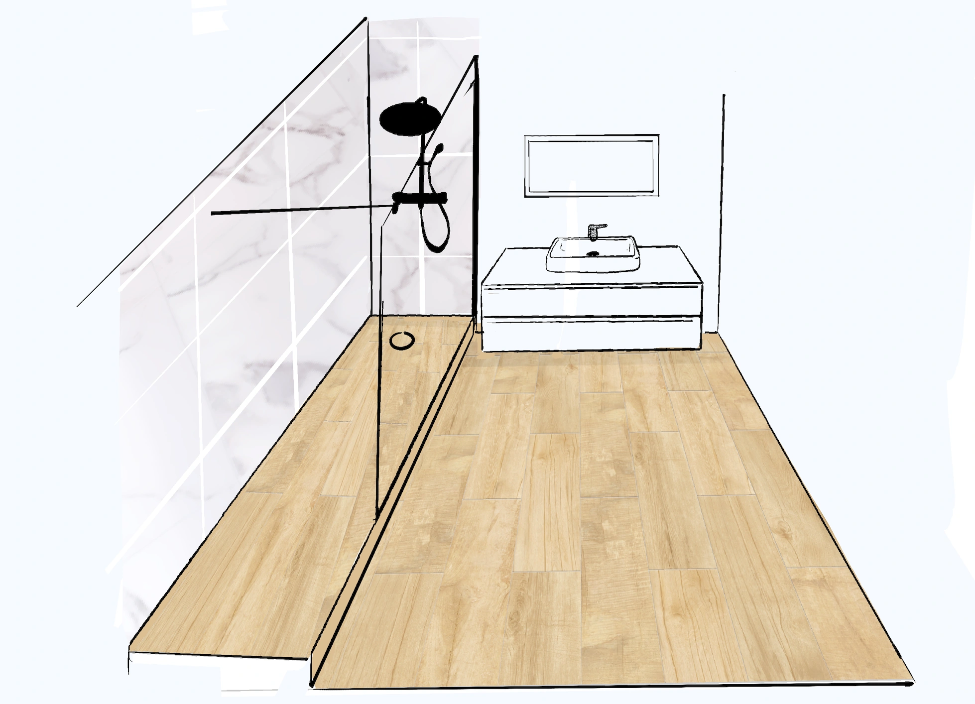 Perspective de salle de bain avec douche et meuble vasque