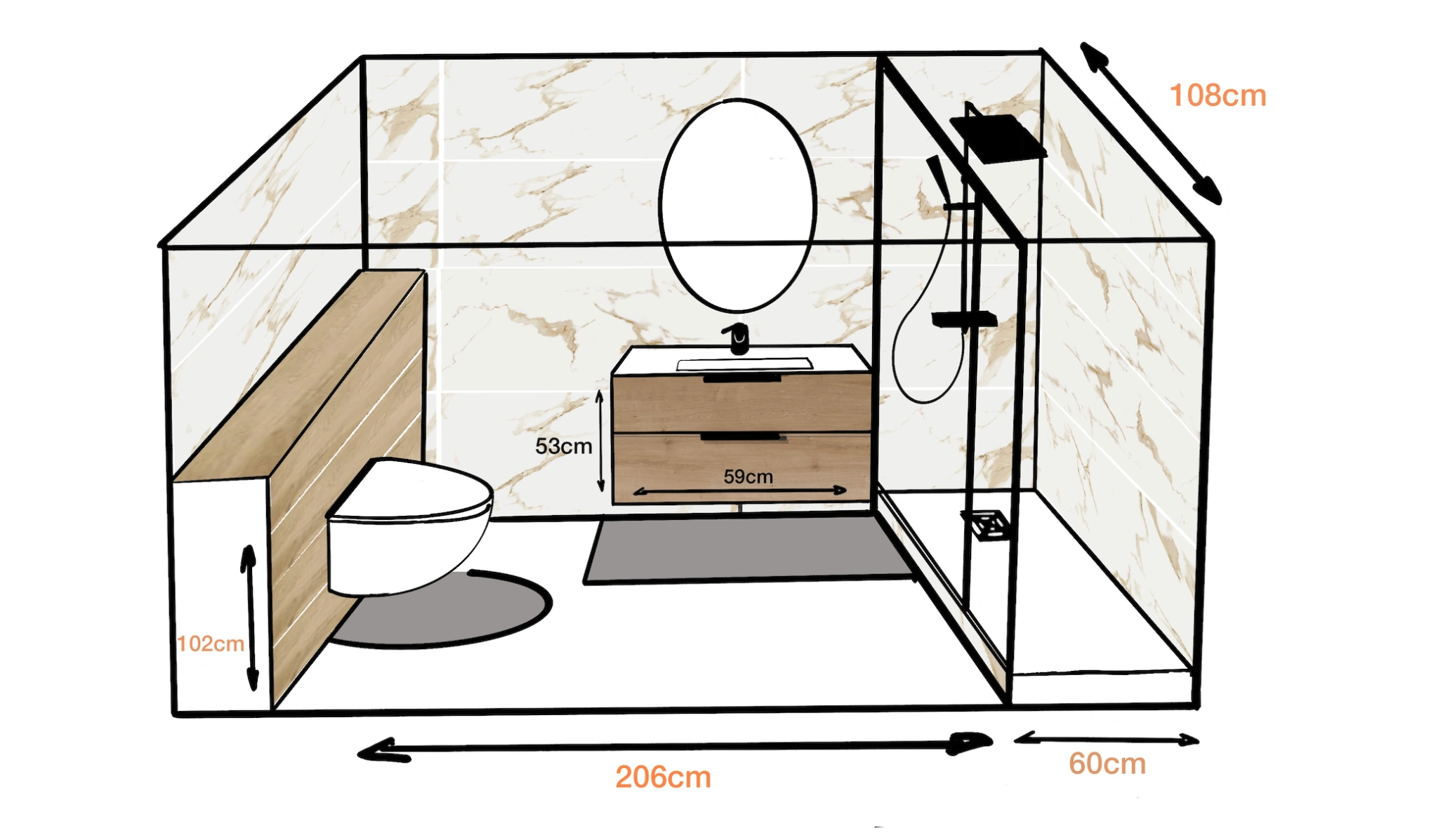 Plan coté de salle de bain avec douche, meuble vasque et WC suspendu