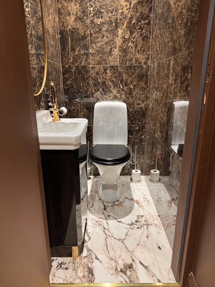 Toilettes avec carrelage effet marbre sombre, lave-mains et robinetterie dorée